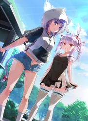  2girls animal_ears animal_hood bell blue_hair blue_sky cat_girl cat_hood cat_tail cloud collar commentary_request cutoffs day dress fang fang_out grey_thighhighs hair_ornament hood hoodie jingle_bell kakuno long_hair looking_at_viewer momiji_(uraniwa_no_tochi-gami-sama) multiple_girls neck_bell open_clothes open_shorts original outdoors parted_lips purple_eyes rabbit_ears rabbit_girl red_eyes shiro_(uraniwa_no_tochi-gami-sama) short_hair short_shorts shorts skin_fang sky smile socks tail thighhighs twintails unzipped uraniwa_no_tochi-gami-sama white_hair white_socks 