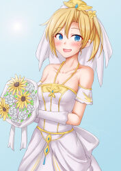  1girl alternate_costume anti_(untea9) blue_background blue_eyes bouquet breasts bridal_veil commentary_request dress flower gloves gradient_background highres kantai_collection maikaze_(kancolle) one-hour_drawing_challenge ponytail short_hair small_breasts smile solo tiara veil wedding_dress white_dress white_gloves 