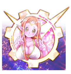  10s 1girl aged_up alternate_breast_size blush breasts chronoa circlet colored_skin dated double_v dragon_ball dragon_ball_heroes dragon_ball_xenoverse earrings english_text eyelashes female_focus jewelry kaioushin large_breasts long_hair pink_hair pink_skin pointy_ears pomeranianko potara_earrings shiny_skin smile solo sparkle supreme_kai_of_time swimsuit text_focus v yellow_eyes 