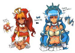  1girl age_progression bandeau blue_hair blue_lips breasts character_name cleavage commentary creatures_(company) crown dark_skin detached_sleeves english_text evolutionary_line eyebrows fins game_freak gen_1_pokemon gyarados hair_tubes head_fins hopebiscuit lipstick long_hair magikarp makeup mini_crown navel nintendo one_eye_closed pokemon pokemon_(creature) ponytail red_eyes red_hair sidelocks small_breasts strapless tube_top upper_body very_long_hair wink  rating:Sensitive score:48 user:danbooru
