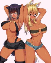  2girls :3 absurdres animal_ears armpits arms_behind_head arms_up bandeau black-framed_eyewear black_footwear black_hair black_shorts blonde_hair blue_eyes blue_shorts blush boots braid breasts brown_eyes cleavage closed_mouth collarbone commission commissioner_upload dark-skinned_female dark_skin denim denim_shorts diamond_earrings earrings facial_mark fang fang_out glasses gluteal_fold hair_flaps halterneck highres jahy jahy-sama_wa_kujikenai! jewelry kshimu large_breasts liru long_hair looking_at_viewer multiple_girls navel o-ring o-ring_top one_eye_closed ponytail rectangular_eyewear renkin_san-kyuu_magical_pokaan round_eyewear semi-rimless_eyewear short_shorts shorts simple_background single_braid skeb_commission smile swept_bangs tail thigh_boots thighhighs thong tongue tongue_out under-rim_eyewear wolf_ears wolf_girl wolf_tail  rating:Questionable score:159 user:danbooru