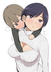 1boy 1girl age_difference arm_around_neck arm_between_breasts bad_id bad_twitter_id between_breasts black_eyes black_hair blush breasts bright_pupils brown_eyes brown_hair cleavage full-face_blush hetero inactive_account large_breasts light_brown_hair long_sleeves looking_away meme_attire nora_higuma onee-shota open-chest_sweater original ribbed_sweater short_hair shota sweater swept_bangs turtleneck upper_body wavy_mouth rating:Questionable score:388 user:danbooru