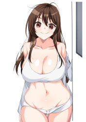 1girl arm_behind_back bare_shoulders breasts brown_eyes brown_hair cleavage closed_mouth collarbone commentary cowboy_shot curvy dilated_pupils doorway english_commentary eyelashes gluteal_fold hair_between_eyes highres huge_breasts long_bangs long_hair looking_at_viewer micro_shorts navel off_shoulder original rantia shiny_skin shirt shorts simple_background smile solo standing thigh_gap thighs white_background white_shirt white_shorts white_sleeves rating:Sensitive score:30 user:danbooru