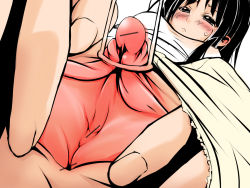  00s 1girl :&lt; akiyama_mio bad_id bad_pixiv_id bar_censor black_eyes black_hair blush censored clitoral_stimulation clitoris close-up erect_clitoris fingernails foreshortening from_below frown highres k-on! long_hair no_panties nzk/hiu pointless_censoring pussy simple_background solo spread_pussy suction_cups tears urethra white_background 