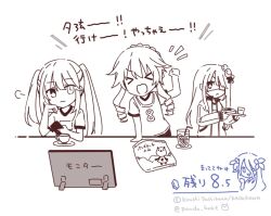  &gt;_&lt; 4girls :3 cheering clenched_hand clock_eyes commentary_request cup date_a_live drill_hair drill_sidelocks drinking_straw dual_persona eyepatch gym_shirt hand_on_own_face hand_on_table holding holding_phone holding_tray jacket long_hair looking_at_another medium_hair monochrome multiple_girls one_eye_closed panda phone shirt sidelocks simple_background symbol-shaped_pupils tablet_pc takamiya_mio teacup tokisaki_kurumi translated tray tsunako twintails twitter_username uneven_twintails watching white_background yamai_kaguya 