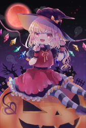 1girl bat_wings blonde_hair crystal flandre_scarlet ghost halloween halloween_costume hat hat_ribbon hiyuu_(hiyualice) jack-o&#039;-lantern moon multicolored_wings one_side_up open_clothes puffy_short_sleeves puffy_sleeves pumpkin red_eyes red_skirt red_vest ribbon short_sleeves side_ponytail skirt skirt_set striped_clothes striped_thighhighs teeth thighhighs touhou upper_teeth_only vest white_hat wings witch_hat