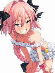  1boy asada_hachi astolfo_(fate) bare_shoulders bent_over bikini black_bow blush bow braid braided_ponytail collarbone commentary_request cowboy_shot crossdressing fang fate/grand_order fate_(series) frilled_bikini frills grin hair_between_eyes hair_bow hair_intakes hands_on_own_legs hands_on_own_thighs long_hair looking_at_viewer male_focus multicolored_hair off-shoulder_bikini off_shoulder official_alternate_costume parted_lips pink_bow pink_eyes pink_hair simple_background single_braid smile solo standing star_(symbol) streaked_hair swimsuit teeth trap two-tone_hair very_long_hair white_background white_hair  rating:Sensitive score:107 user:danbooru