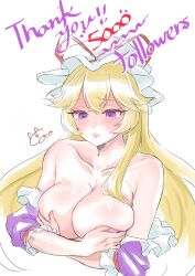  0002koko 1girl bare_shoulders blonde_hair blush breasts breasts_squeezed_together cleavage closed_mouth collarbone commentary covering_breasts covering_privates cropped_torso crossed_arms crossed_bangs crying crying_with_eyes_open dress embarrassed english_commentary english_text eyelashes hair_between_eyes hat hat_ribbon highres large_breasts lips long_hair looking_at_breasts looking_down milestone_celebration mob_cap nude open_clothes open_dress purple_dress purple_eyes red_ribbon ribbon sidelocks signature simple_background skindentation solo tears touhou tsurime upper_body very_long_hair white_background white_hat yakumo_yukari 