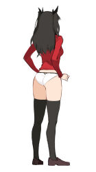  1girl absurdres ass black_hair black_thighhighs breasts commentary fate/stay_night fate_(series) from_behind full_body hair_ribbon hands_on_own_hips highres jason_kim korean_commentary long_hair long_sleeves medium_breasts no_pants panties revision ribbon simple_background solo standing sweater thighhighs tohsaka_rin twintails two_side_up underwear white_background white_panties zettai_ryouiki  rating:Sensitive score:70 user:danbooru