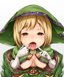  10s 1girl blonde_hair blush breasts brown_eyes djeeta_(granblue_fantasy) elbow_gloves finger_in_own_mouth fur gloves granblue_fantasy half-closed_eyes hood looking_at_viewer medium_breasts mouth_pull nipples open_mouth oral_invitation saliva short_hair simple_background solo teeth ten_piboshi tongue tongue_out waiting white_background white_gloves  rating:Questionable score:71 user:danbooru