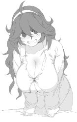  1girl @_@ absurdres ahoge arm_support blush breasts bursting_breasts cleavage collarbone collared_shirt creatures_(company) dress_shirt game_freak greyscale hair_between_eyes hairband hakai_shin hex_maniac_(pokemon) highres large_breasts leaning_forward long_hair long_sleeves looking_at_viewer messy_hair monochrome nintendo no_bra no_nose npc_trainer open_mouth pokemon pokemon_xy shirt simple_background sketch sleeves_past_wrists smile solo white_background  rating:Sensitive score:106 user:pc88