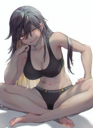 1girl :d armpits bare_arms bare_shoulders barefoot black_buruma black_hair black_sports_bra breasts buruma cleavage collarbone colored_inner_hair ear_piercing head_rest indian_style large_breasts long_hair looking_at_viewer midriff multicolored_hair navel open_mouth orange_eyes original piercing simple_background sitting smile solo sports_bra stomach syuri22 thighs two-tone_hair white_background rating:Sensitive score:46 user:danbooru