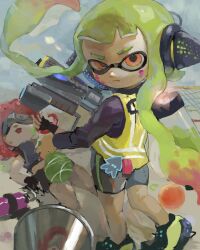  2girls :&lt; agent_3_(splatoon) armor bike_shorts black_footwear black_gloves black_shirt black_shorts breastplate burst_bomb_(splatoon) closed_mouth commentary_request crop_top fingerless_gloves floating_hair from_behind gloves goggles green_hair gun half-closed_eye headphones hero_shot_(splatoon) high-visibility_vest highres holding holding_gun holding_weapon ink_tank_(splatoon) inkling inkling_girl inkling_player_character long_hair long_sleeves looking_at_viewer looking_back lying mepo_1 multiple_girls nintendo octoshot_(splatoon) on_floor open_mouth orange_eyes paint_splatter paint_splatter_on_face red_hair shirt shorts splatoon_(series) splatoon_1 squidbeak_splatoon standing takozonesu tentacle_hair twintails uneven_eyes very_long_hair vest weapon yellow_vest 