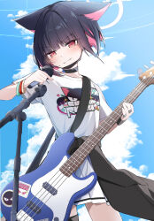  1girl absurdres animal_ears bass_guitar black_hair black_jacket black_mask blue_archive blue_sky cat_ears cat_girl clothes_around_waist clothes_writing cloud colored_inner_hair day fender_jazz_bass futagoma halo highres holding holding_instrument holding_microphone instrument jacket jacket_around_waist kazusa_(band)_(blue_archive) kazusa_(blue_archive) looking_at_viewer mask mask_pull microphone mouth_mask multicolored_hair official_alternate_costume outdoors pink_hair red_eyes shirt skirt sky smile solo t-shirt two-tone_hair white_halo white_shirt white_skirt 