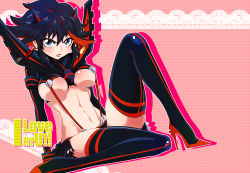  10s 1girl akira_(valzerica) bad_id bad_pixiv_id black_hair blue_eyes boots breasts high_heel_boots high_heels kill_la_kill large_breasts lips matoi_ryuuko multicolored_hair navel red_hair revealing_clothes senketsu short_hair solo suspenders thigh_boots thighhighs two-tone_hair underboob 