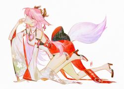  1girl all_fours animal_ears bare_legs bare_shoulders detached_sleeves earrings flower fox_ears full_body genshin_impact hair_ornament hand_to_own_mouth high_heels highres holding holding_flower jewelry kgynh long_hair long_sleeves looking_at_viewer necklace nontraditional_miko pink_hair pink_nails pink_tail purple_eyes sideways_glance simple_background solo tail white_background wide_sleeves yae_miko  rating:General score:1 user:danbooru