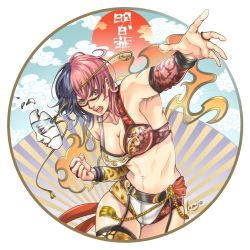  1girl abs artist_name asuka_(wrestler) blue_hair breasts broken_mask brown_eyes cleavage clenched_hand cloud kamijororo kanako_urai mask medium_breasts multicolored_hair muscular navel open_hand open_mouth pink_hair red_sun round_image short_hair signature solo urai_kanako wrestling wrestling_outfit wwe  rating:Sensitive score:16 user:danbooru