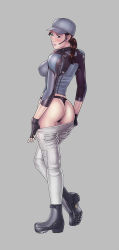  1girl absurdres ass baseball_cap black_panties blue_eyes boots breasts brown_hair clothes_pull fingerless_gloves gloves grey_background hat headset highres holster jill_valentine large_breasts lips panties pants pants_pull ponytail reptileye resident_evil resident_evil_5 shoulder_holster solo thong underwear  rating:Questionable score:61 user:danbooru