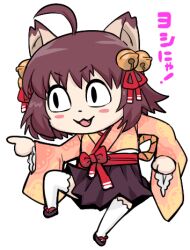  1girl :3 ahoge animal_ears bell black_eyes blush_stickers bow brown_hair brown_skirt cat_ears cat_girl chibi commentary_request fang flat_chest foot_up full_body genba_neko_(meme) hair_bell hair_ornament hair_ribbon ichihime japanese_clothes jingle_bell kimono long_sleeves looking_to_the_side lowres mahjong_soul medium_bangs meme obi open_mouth pink_kimono red_bow red_ribbon red_sash ribbon sash short_hair simple_background skirt smile solo thighhighs tonda transparent_background waist_bow white_thighhighs wide_sleeves 