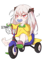  1girl absurdres aged_down beak_(girls&#039;_frontline) blue_shorts bluecandy2795 commentary english_commentary feet full_body girls&#039;_frontline highres long_hair musical_note pacifier pink_eyes pink_footwear riding sandals sangvis_ferri shirt shorts simple_background single_barefoot single_sandal soles solo toes tricycle v-shaped_eyebrows v-shaped_eyes white_background white_hair yellow_shirt 