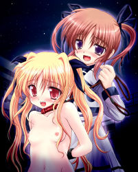 00s 2girls arms_behind_back bdsm blonde_hair blush bondage bound breasts brown_hair clothed_female_nude_female collar cuffs fate_testarossa female_focus femdom leash loli long_hair looking_at_viewer lyrical_nanoha mahou_shoujo_lyrical_nanoha multiple_girls navel night nipples nude open_mouth outdoors purple_eyes red_eyes shaian slave takamachi_nanoha twintails yuri rating:Questionable score:54 user:lkjh098