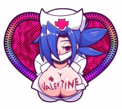+_+ 1girl blood blue_hair body_writing breasts choker cleavage eyepatch fuupo hair_over_one_eye hat heart large_breasts looking_at_viewer mouth_mask name_connection nurse nurse_cap ponytail red_eyes short_hair skullgirls solo surgical_mask symbol-shaped_pupils upper_body valentine valentine_(skullgirls) rating:Questionable score:30 user:Rikko-43