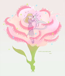  1girl alien blonde_hair blue_eyes dress english_text engrish_text flower flower_request full_body giygas grey_background jewelry long_hair long_sleeves lyrics memi_(gamemix) mother&#039;s_day mother_(game) mother_1 musical_note necklace nintendo open_mouth pink_flower purple_dress purple_footwear queen_mary ranguage 