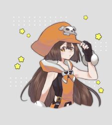  1girl adjusting_clothes adjusting_headwear black_gloves brown_hair cabbie_hat fingerless_gloves gloves guilty_gear guilty_gear_xrd hat hat_ornament highres ky4274 long_hair looking_at_viewer may_(guilty_gear) orange_eyes orange_hat pirate_hat skull_and_crossbones skull_hat_ornament star_(symbol) upper_body 