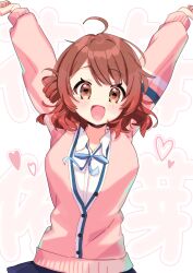  1girl ahoge arms_up blue_ribbon blush breasts brown_hair cardigan clenched_hands commentary_request gakuen_idolmaster gradient_background hanami_ume hatsuboshi_gakuen_school_uniform heart highres idolmaster large_breasts long_sleeves looking_at_viewer mochitsuki_kagami neck_ribbon pink_cardigan ribbon school_uniform shirt smile solo upper_body white_shirt 