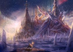 1girl absurdres aurora black_hair boat building castle commentary_request facing_away fantasy highres ice lamp landscape long_hair night night_sky original outdoors scenery sky snowing solo water watercraft wide_shot winter you_shimizu rating:General score:8 user:danbooru