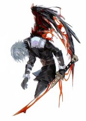  1boy aged_down arm_armor belt black_coat black_gloves black_pants black_wings blood bloody_weapon bloody_wings body_horror coat feathered_wings final_fantasy final_fantasy_vii final_fantasy_vii_ever_crisis gloves grey_hair holding holding_sword holding_weapon injury katana leaning_forward male_focus moyanwxy pants sad sephiroth short_hair single_wing sword upper_body weapon white_background wings 