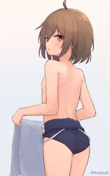  1girl ahoge artist_name ass back blush breasts brown_hair centi_mnkt chestnut_mouth clothes_pull cowboy_shot female_focus highres holding holding_towel looking_at_viewer looking_back new_school_swimsuit one-piece_swimsuit one-piece_swimsuit_pull open_mouth original school_swimsuit short_hair small_breasts solo swimsuit topless towel twitter_username  rating:Sensitive score:25 user:danbooru