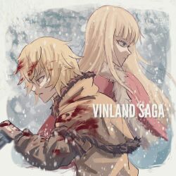 2boys androgynous blonde_hair blood blue_eyes blunt_bangs brown_eyes canute closed_mouth dagger english_text eyebrows eyelashes floating_hair fur_trim harumakijiro highres holding holding_dagger holding_knife holding_weapon hood knife long_hair male_focus multiple_boys parted_lips prince profile snow thorfinn title viking vinland_saga weapon