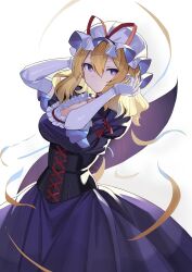 1girl alternate_hair_length alternate_hairstyle arm_garter arms_up blonde_hair breasts bright_pupils choker closed_mouth commentary commentary_request corset cowboy_shot cross-laced_clothes cutting_hair dress elbow_gloves falken_(yutozin) frilled_dress frilled_hat frills gap_(touhou) gloves hair_between_eyes hat hat_ribbon highres large_breasts light_blush looking_at_viewer medium_hair mob_cap puffy_short_sleeves puffy_sleeves purple_dress purple_eyes red_choker red_ribbon revision ribbon scoop_neck severed_hair short_sleeves sidelocks simple_background sleeve_ribbon solo touhou white_background white_gloves white_hat white_pupils yakumo_yukari