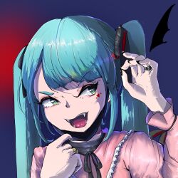  1girl 53789 absurdres fangs hair_ornament hatsune_miku heart high-res highres long_hair looking_at_viewer mask mask_pull mouth_mask open_mouth shirt simple_background solo twintails vampire_(vocaloid) vocaloid 