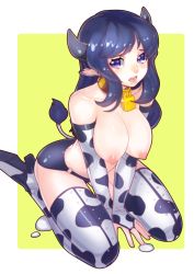  absurdres animal_print bell neck_bell blue_hair breasts collar cow_print high_heels highres horns kneeling looking_at_viewer nipples thighhighs  rating:Questionable score:10 user:Koganei