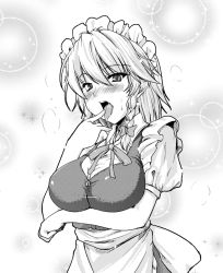 1girl blush braid breast_hold breasts face female_focus finger_in_own_mouth greyscale izayoi_sakuya johnny_(from_scratch) large_breasts licking maid maid_headdress monochrome open_mouth saliva short_hair solo tongue touhou twin_braids rating:Sensitive score:15 user:danbooru