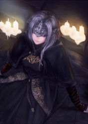  1girl armor backlighting black_cape blindfold breastplate breasts candle cape capelet cloak cowboy_shot dark_souls_(series) dark_souls_iii dress fire_keeper head_tilt headband headpiece jewelry large_breasts lips long_hair looking_at_viewer mask necklace solo standing white_hair ytoy  rating:Sensitive score:21 user:danbooru