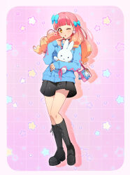  1girl ;d aikatsu!_(series) aikatsu_friends! bag black_footwear black_shorts blonde_hair blue_bow blue_cardigan blunt_bangs boots border bow cardigan finger_to_mouth full_body gradient_hair hair_bow handbag highres holding knee_boots long_hair long_sleeves looking_at_viewer multicolored_hair nail_polish one_eye_closed open_mouth pink_hair pleated_shorts rumo short_shorts shorts sleeves_past_wrists smile solo stuffed_animal stuffed_rabbit stuffed_toy white_border yellow_eyes yuki_aine 