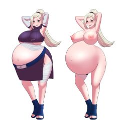  1girl absurdres arms_behind_head arms_up big_belly blonde_hair blue_eyes blush breasts el_vibritania female_focus full_body highres huge_breasts long_hair looking_at_viewer naruto_(series) open-toe_shoes ponytail pregnant solo toes underboob yamanaka_ino  rating:Questionable score:25 user:catonfire26