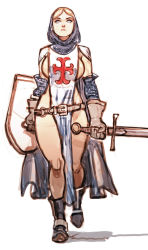 1girl armor belt blonde_hair blue_eyes boots breasts cape highres joel_jurion knight naked_tabard shield sideboob sword tabard weapon rating:Questionable score:153 user:evildeadted