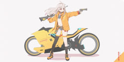  1girl absurdres ahoge asymmetrical_legwear belt black_socks black_thighhighs blonde_hair bra buttons candy commentary_request food full_body grey_bra grey_panties gun heart_button highres holding holding_gun holding_weapon jacket kneehighs lollipop long_hair long_sleeves looking_away looking_to_the_side motor_vehicle motorcycle mouth_hold nail_polish no_pants open_clothes open_jacket orange_footwear original panties puffy_sleeves red_eyes rifle shoes simple_background socks solo standing star-kiss star_(symbol) thigh_strap thighhighs underwear uneven_legwear weapon white_background wind yellow_jacket yellow_nails 