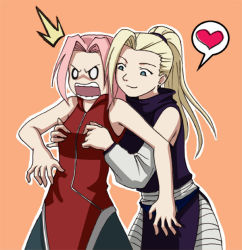 2girls angry artist_request bare_shoulders blonde_hair grabbing_another&#039;s_breast breasts female_focus from_behind grabbing haruno_sakura heart long_hair multiple_girls naruto naruto_(series) naughty_face open_mouth pink_hair pinky_out ponytail short_hair small_breasts ^^^ surprised surprised_arms yamanaka_ino yuri rating:Sensitive score:43 user:danbooru