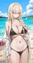  1girl absurdres ball bare_shoulders beachball bikini bird black_bikini blonde_hair blue_sky blush breasts bright_pupils cleavage closed_mouth cloud cloudy_sky colored_eyelashes commission day gompang_11 hair_between_eyes hair_intakes hand_on_own_chest highres large_breasts long_sleeves looking_at_viewer mountainous_horizon navel ocean off_shoulder original outdoors red_eyes seagull shiny_skin shirt side-tie_bikini_bottom skindentation sky solo starfish stomach swimsuit thighs underboob upper_body white_pupils white_shirt 