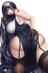  1girl absurdres ass ass_grab azuma_(azur_lane) azuma_(soft_voice_of_spring)_(azur_lane) azur_lane bare_shoulders black_hair breasts brown_thighhighs commentary_request from_behind garter_straps grabbing_own_ass highres large_breasts lips long_hair looking_at_viewer looking_back parted_lips shiro_usagi simple_background solo tattoo thighhighs thighs very_long_hair white_background yellow_eyes 