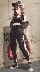 1girl absurdres alternate_costume baggy_pants baseball_cap belt black_belt black_footwear black_hat black_jacket black_pants black_shirt breasts brown_eyes brown_hair casual character_name closed_mouth collarbone colored_tips commentary commission crop_top english_commentary flower-shaped_pupils full_body genshin_impact gradient_hair graffiti gya_(144) hat highres hu_tao_(genshin_impact) jacket long_hair looking_at_viewer multicolored_hair off_shoulder outdoors pants red_hair shirt shoes short_sleeves sleeves_past_wrists small_breasts sneakers solo symbol-shaped_pupils very_long_hair rating:Sensitive score:45 user:danbooru