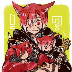  !? 1boy animal_ears cat_ears closed_mouth crystal_exarch final_fantasy final_fantasy_xiv g&#039;raha_tia g'raha_tia holding holding_staff itowo_(itowc) lowres male_focus mini_person miniboy multiple_persona red_hair short_hair staff sweatdrop upper_body 
