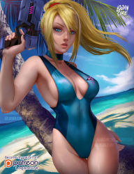  1girl adapted_costume aqua_choker aqua_one-piece_swimsuit bare_legs beach blonde_hair blue_choker blue_eyes blue_one-piece_swimsuit breasts choker cleavage_cutout clothing_cutout cloud curvy day directed-energy_weapon energy_gun energy_weapon female_focus floating_hair gun hand_up handgun highres holding holding_gun holding_weapon legs lips logan_cure long_hair looking_at_viewer medium_breasts metroid metroid:_samus_returns mole mole_under_mouth nintendo one-piece_swimsuit outdoors palm_tree paralyzer parted_lips pistol ponytail samus_aran sideboob skin_tight sky solo standing swept_bangs swimsuit tree weapon zero_suit  rating:Questionable score:53 user:gel44