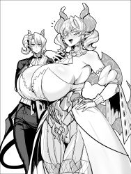 2girls absurdres arias_the_labrynth_butler breasts butler cleavage demon_girl demon_horns demon_tail demon_wings dress duel_monster exabyte_(parallax05) fang formal gloves highres horns huge_breasts laughing lovely_labrynth_of_the_silver_castle monochrome monocle multiple_girls pointy_ears simple_background suit tail white_background wings yu-gi-oh!  rating:Questionable score:24 user:danbooru