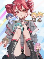  2boys 5girls absurdres aqua_eyes aqua_hair blonde_hair blue_eyes blue_hair blue_scarf blush boots brown_eyes brown_hair chibi closed_eyes commentary cross-laced_footwear drill_hair eyelashes happy hatsune_miku highres hinano_(hino_0o0o) kagamine_len kagamine_rin kaito_(vocaloid) kasane_teto kasane_teto_(sv) knee_boots knees_together_feet_apart knees_up lace-up_boots long_hair looking_at_viewer megurine_luka meiko_(vocaloid) multiple_boys multiple_girls open_mouth outline pink_hair red_eyes red_hair scarf short_hair smile symbol-only_commentary synthesizer_v twin_drills twintails utau vocaloid white_outline 